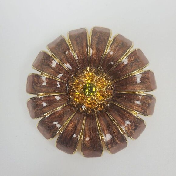 Vintage Brooch Pin Brown Enamel Topaz Yellow Green Rhinestone Floral Large Big - Picture 1 of 8